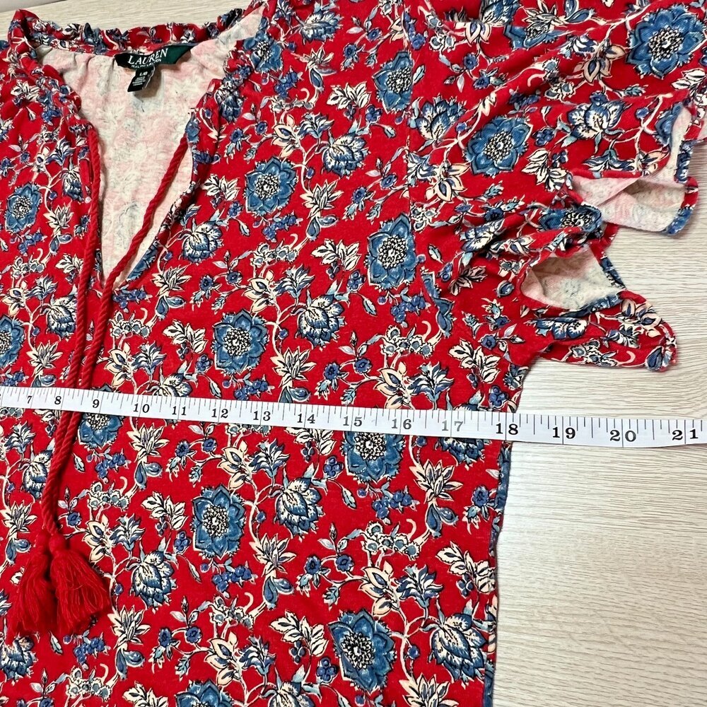 Lauren Ralph Lauren Peasant Blouse Womens L Red Blue Floral Chintz Ruffle Neck - Picture 8 of 10